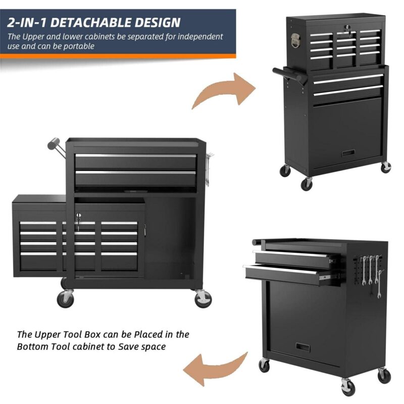 Aukfa Caja de Herramientas, Cofre de Herramientas con Ruedas de Acero 2 en 1 y Gabinete con Ruedas para Garaje, 8 Cajones, Negro - Image 8
