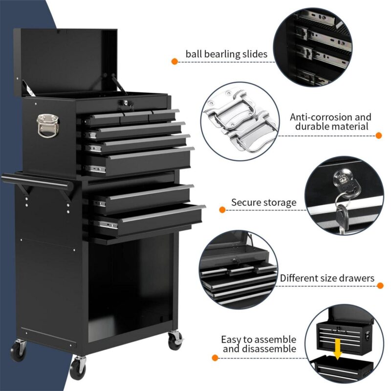 Aukfa Caja de Herramientas, Cofre de Herramientas con Ruedas de Acero 2 en 1 y Gabinete con Ruedas para Garaje, 8 Cajones, Negro - Image 12