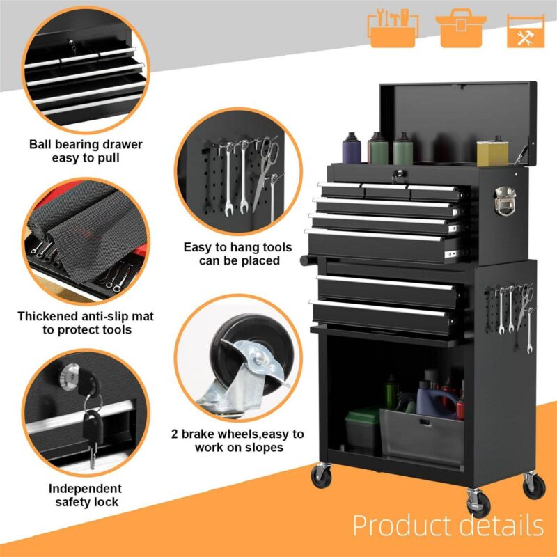 Aukfa Caja de Herramientas, Cofre de Herramientas con Ruedas de Acero 2 en 1 y Gabinete con Ruedas para Garaje, 8 Cajones, Negro - Image 6