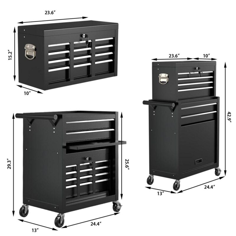 Aukfa Caja de Herramientas, Cofre de Herramientas con Ruedas de Acero 2 en 1 y Gabinete con Ruedas para Garaje, 8 Cajones, Negro - Image 5