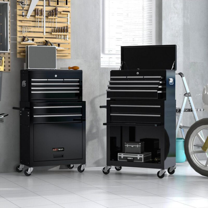 Aukfa Caja de Herramientas, Cofre de Herramientas con Ruedas de Acero 2 en 1 y Gabinete con Ruedas para Garaje, 8 Cajones, Negro - Image 11