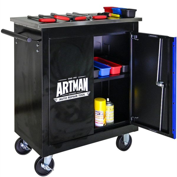 Aukfa Composable 2 Doors Tool Cabinet with 4-inch Wheel Metal Table-board for Workshop Garage, Black