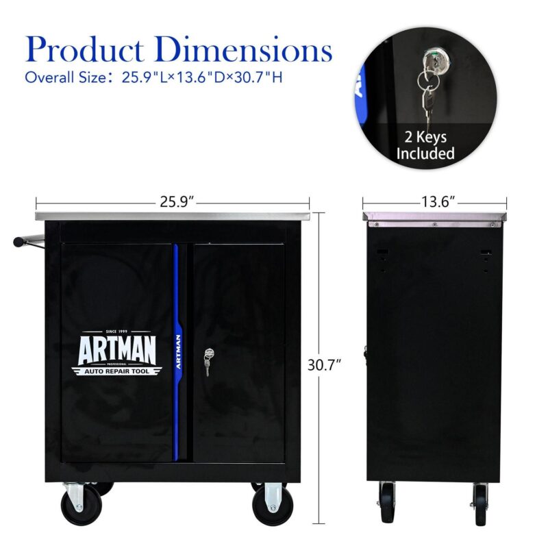 Aukfa Composable 2 Doors Tool Cabinet with 4-inch Wheel Metal Table-board for Workshop Garage, Black - Image 5
