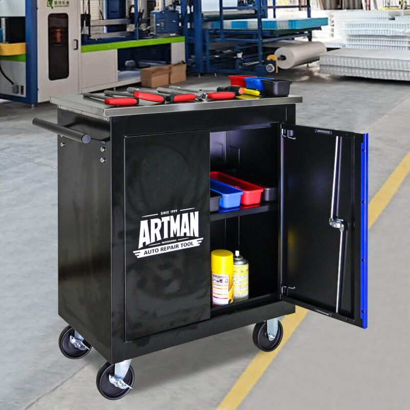 Aukfa Composable 2 Doors Tool Cabinet with 4-inch Wheel Metal Table-board for Workshop Garage, Black - Image 11