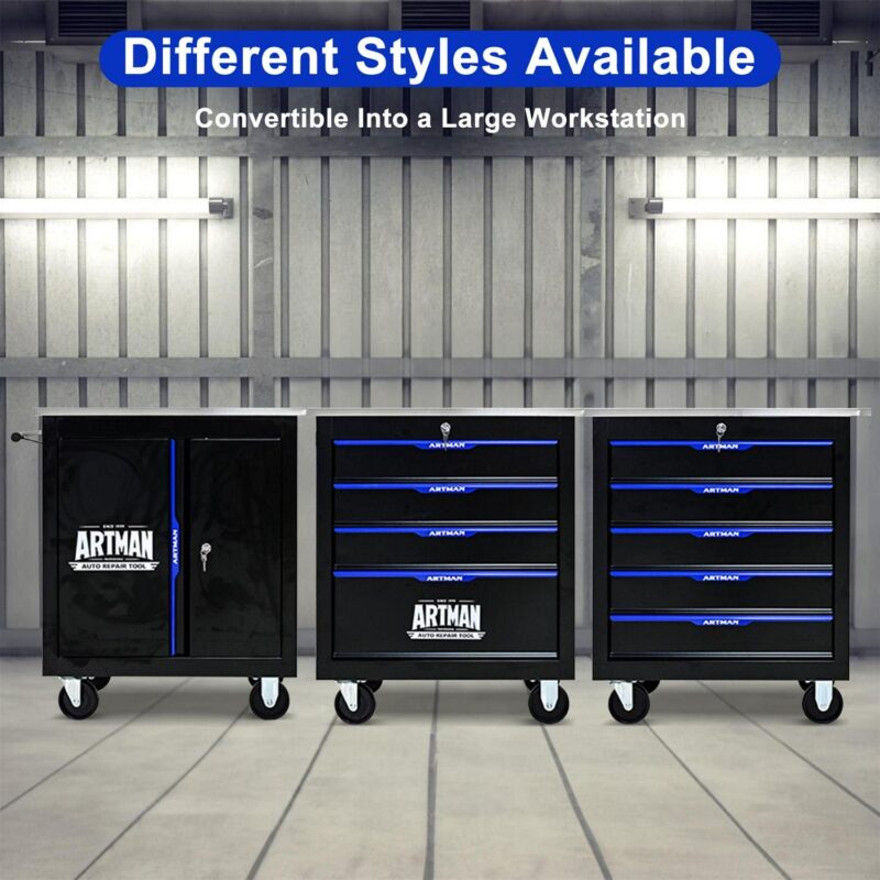 Aukfa Composable 2 Doors Tool Cabinet with 4-inch Wheel Metal Table-board for Workshop Garage, Black - Image 2