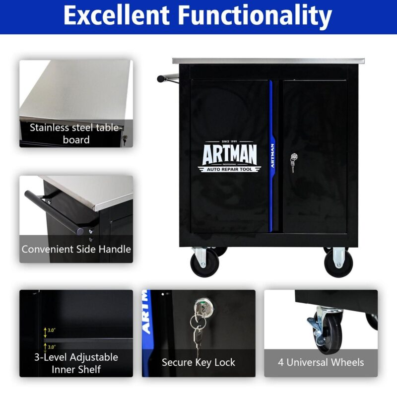 Aukfa Composable 2 Doors Tool Cabinet with 4-inch Wheel Metal Table-board for Workshop Garage, Black - Image 4