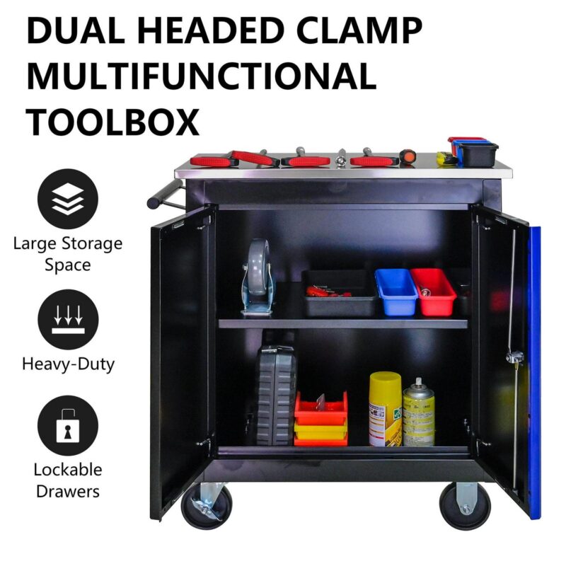 Aukfa Composable 2 Doors Tool Cabinet with 4-inch Wheel Metal Table-board for Workshop Garage, Black - Image 3