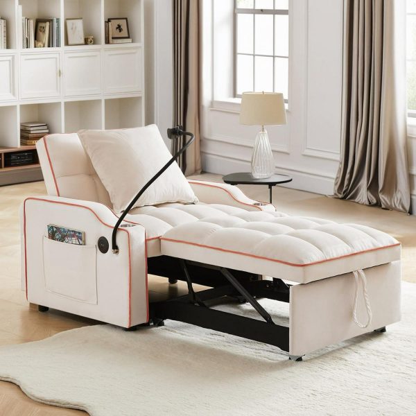 Aukfa Convertible Sleeper Chair, 4-In-1 Pull Out Futon Chair Bed with Cup Holder, USB Port and Swivel Phone Holder, Beige