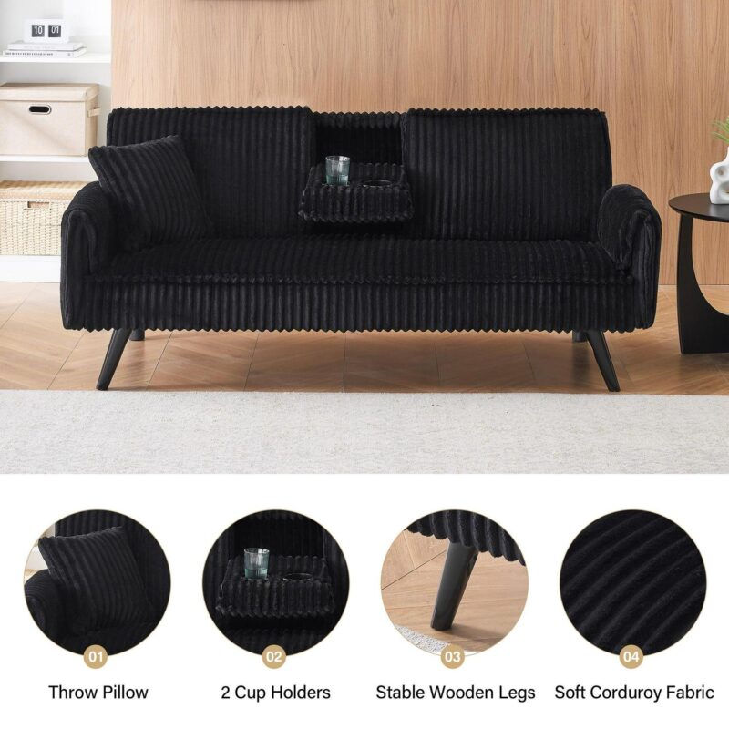 Aukfa Corduroy Futon Convertible Sofa Bed, 2 Cup Holders& Pillow, Straight-line Tufted, Black - Image 3