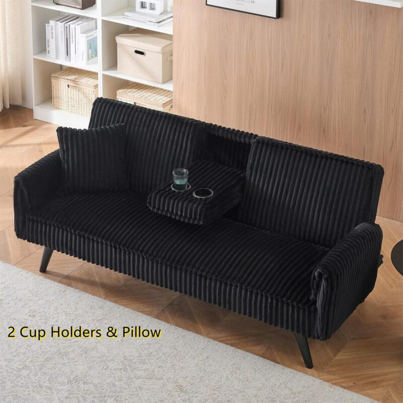Aukfa Corduroy Futon Convertible Sofa Bed, 2 Cup Holders& Pillow, Straight-line Tufted, Black - Image 7