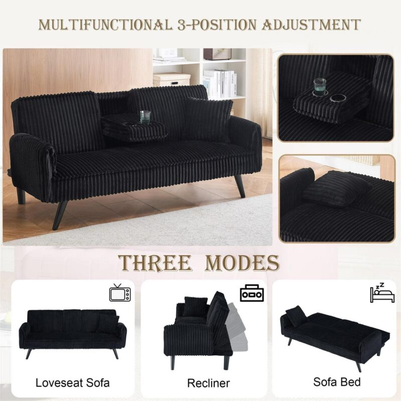 Aukfa Corduroy Futon Convertible Sofa Bed, 2 Cup Holders& Pillow, Straight-line Tufted, Black - Image 2