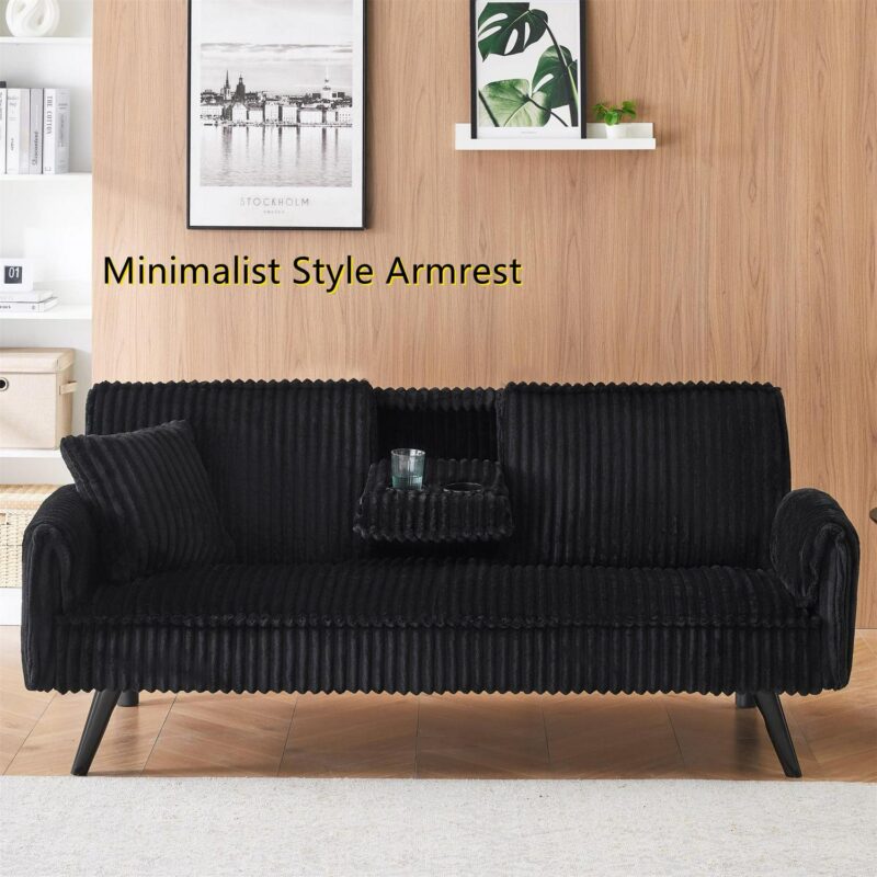 Aukfa Corduroy Futon Convertible Sofa Bed, 2 Cup Holders& Pillow, Straight-line Tufted, Black - Image 4