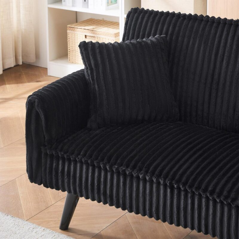 Aukfa Corduroy Futon Convertible Sofa Bed, 2 Cup Holders& Pillow, Straight-line Tufted, Black - Image 9