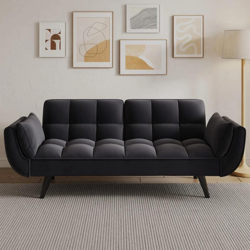 Aukfa Deep Tufted Futon Convertible Sofa Bed, Velvet Sleeper Couch for Home Office, Black - Image 12
