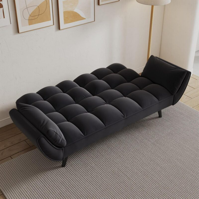 Aukfa Deep Tufted Futon Convertible Sofa Bed, Velvet Sleeper Couch for Home Office, Black - Image 3