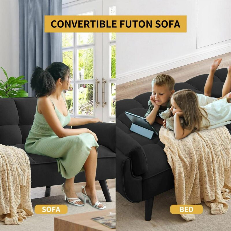 Aukfa Deep Tufted Futon Convertible Sofa Bed, Velvet Sleeper Couch for Home Office, Black - Image 5