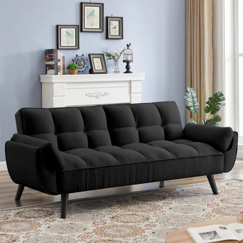 Aukfa Deep Tufted Futon Convertible Sofa Bed, Velvet Sleeper Couch for Home Office, Black - Image 11