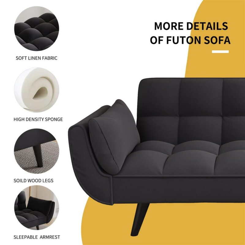 Aukfa Deep Tufted Futon Convertible Sofa Bed, Velvet Sleeper Couch for Home Office, Black - Image 8