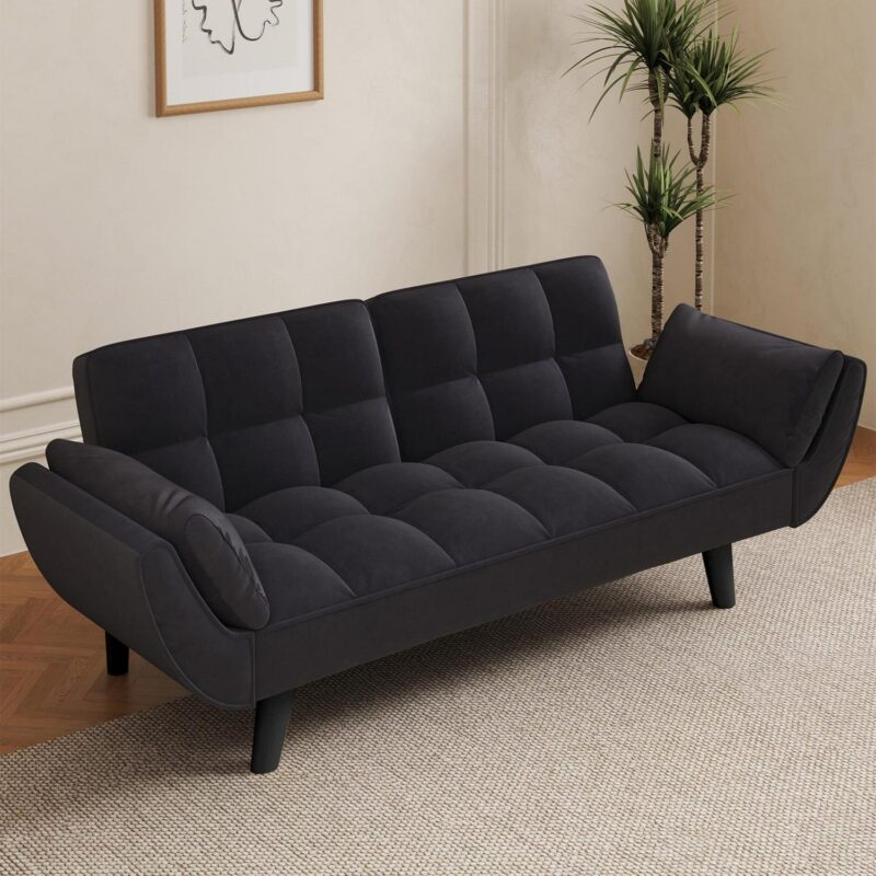 Aukfa Deep Tufted Futon Convertible Sofa Bed, Velvet Sleeper Couch for Home Office, Black - Image 4