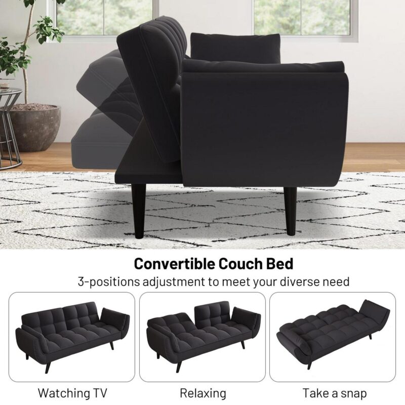 Aukfa Deep Tufted Futon Convertible Sofa Bed, Velvet Sleeper Couch for Home Office, Black - Image 9