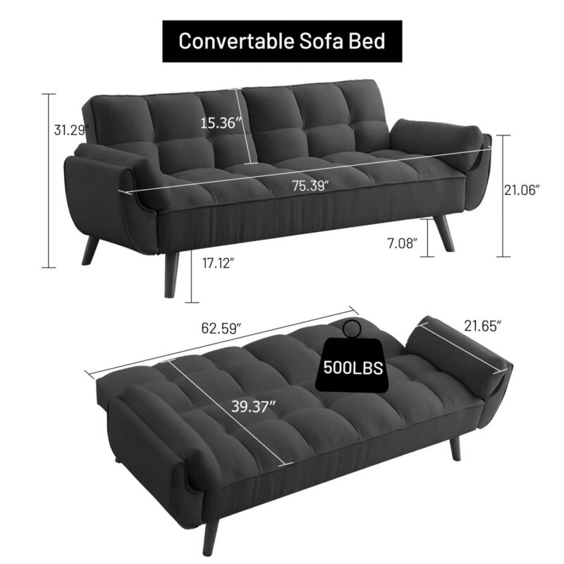 Aukfa Deep Tufted Futon Convertible Sofa Bed, Velvet Sleeper Couch for Home Office, Black - Image 10