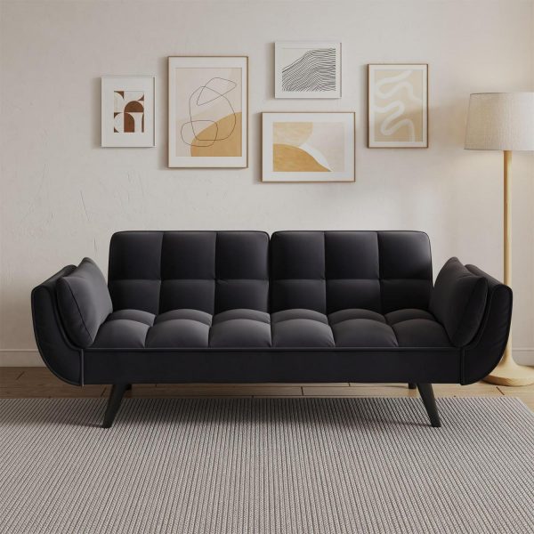 Aukfa Deep Tufted Futon Convertible Sofa Bed, Velvet Sleeper Couch for Home Office, Black