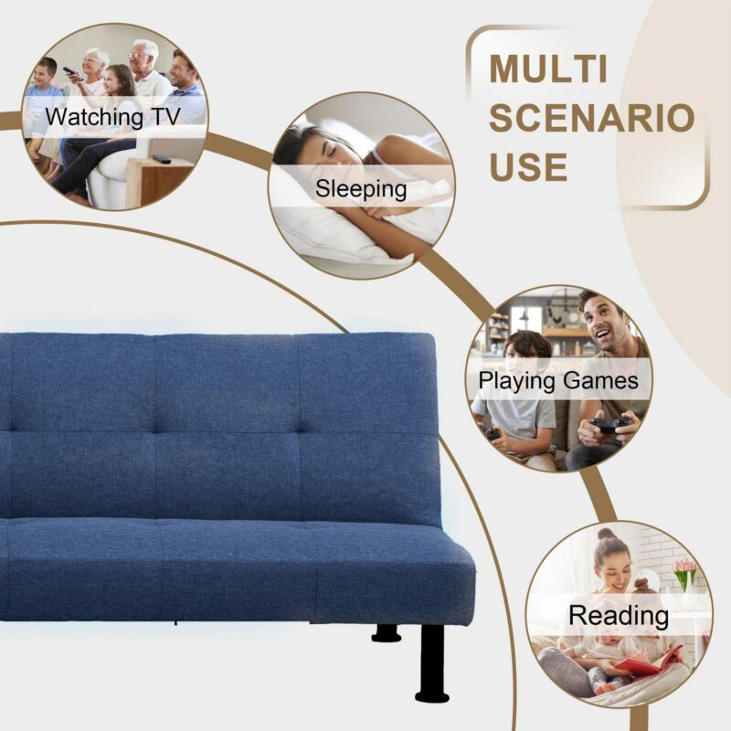 Aukfa Modern Futon Convertible Sofa Bed for Home Office, Linen, Blue - Image 2