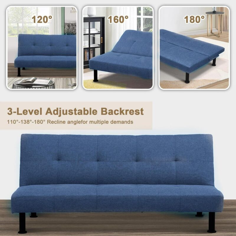 Aukfa Modern Futon Convertible Sofa Bed for Home Office, Linen, Blue - Image 3