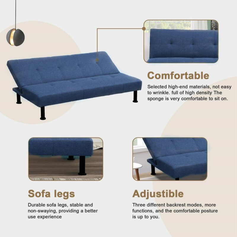 Aukfa Modern Futon Convertible Sofa Bed for Home Office, Linen, Blue - Image 4