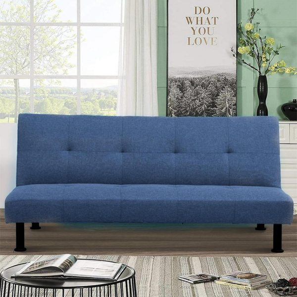Aukfa Modern Futon Convertible Sofa Bed for Home Office, Linen, Blue