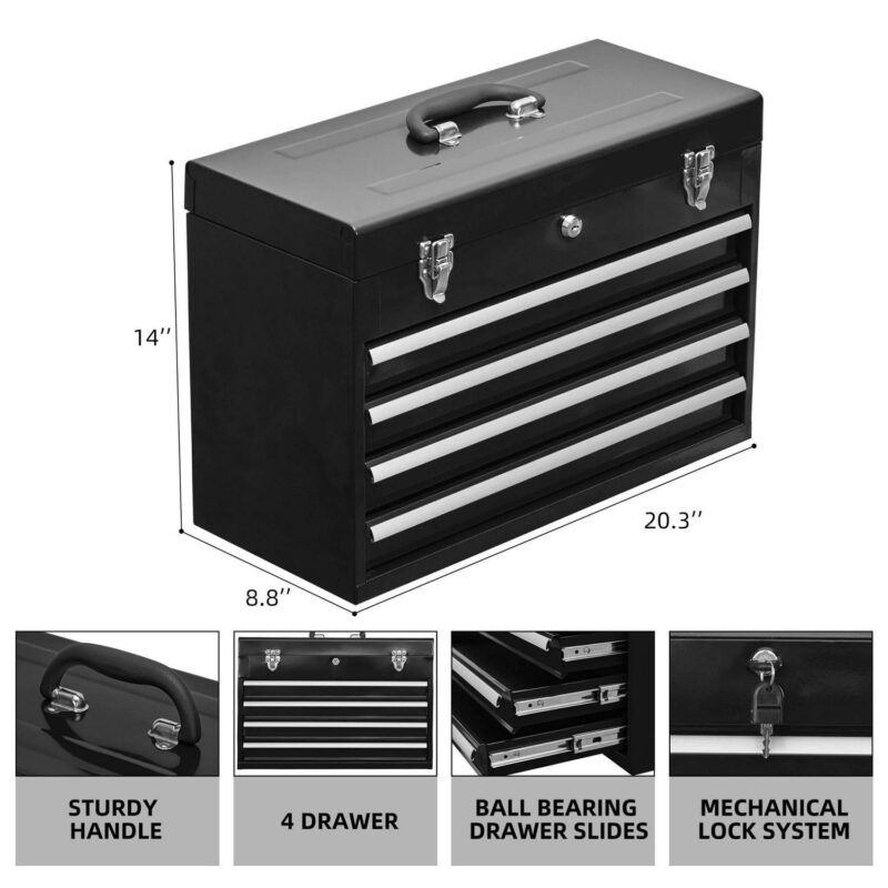 Aukfa Tool Box, 20 in Steel 4-Drawer Toolbox with Automatic Lock System for Garage, Black - Image 3