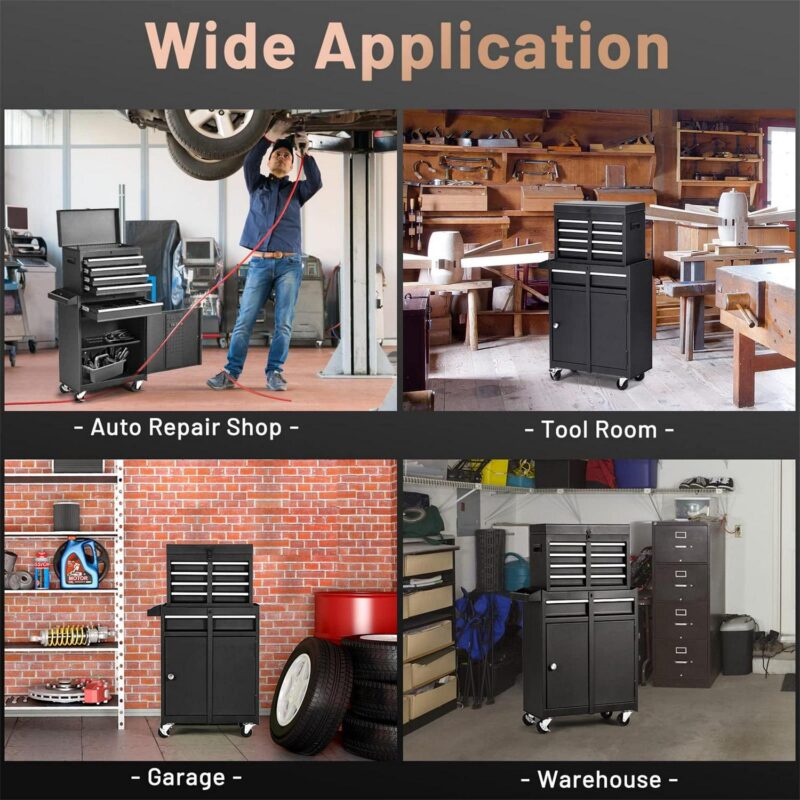 Aukfa Tool Box, 2 in 1 Steel Rolling Tool Chest and Cabinet On Wheels for Garage, 5-drawer, Black - Image 5