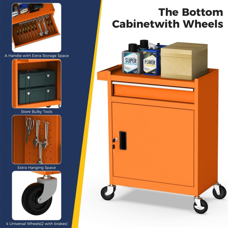 Aukfa Tool Box, 2-in-1 Rolling Tool Chest and Cabinet on Wheels for Garage Workshop, 5-Drawer, Orange - Image 5