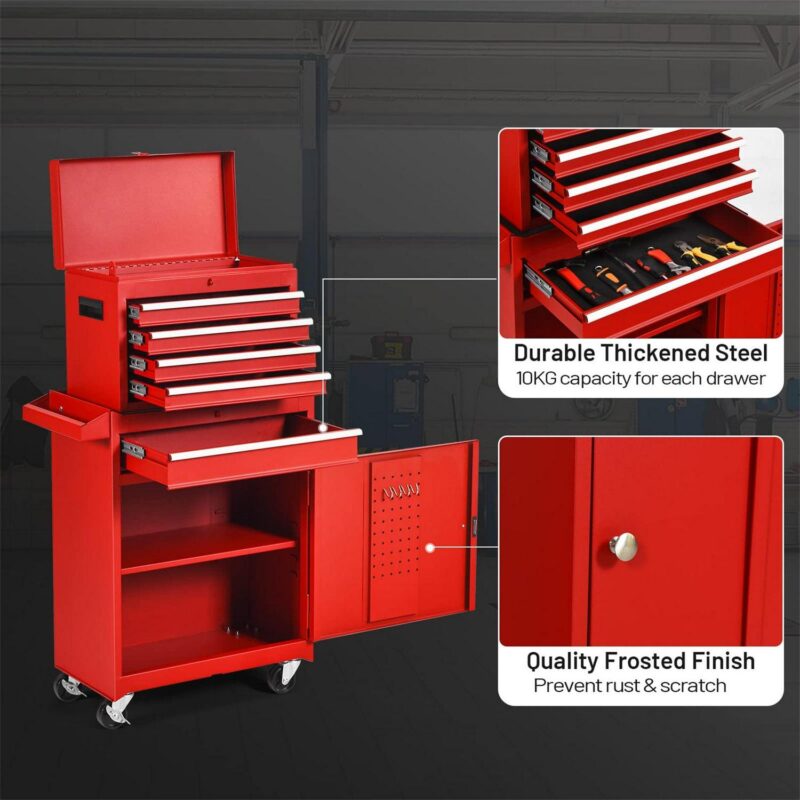 Aukfa Tool Box, 2 in 1 Steel Rolling Tool Chest and Cabinet On Wheels for Garage, 5-drawer, Red - Image 5