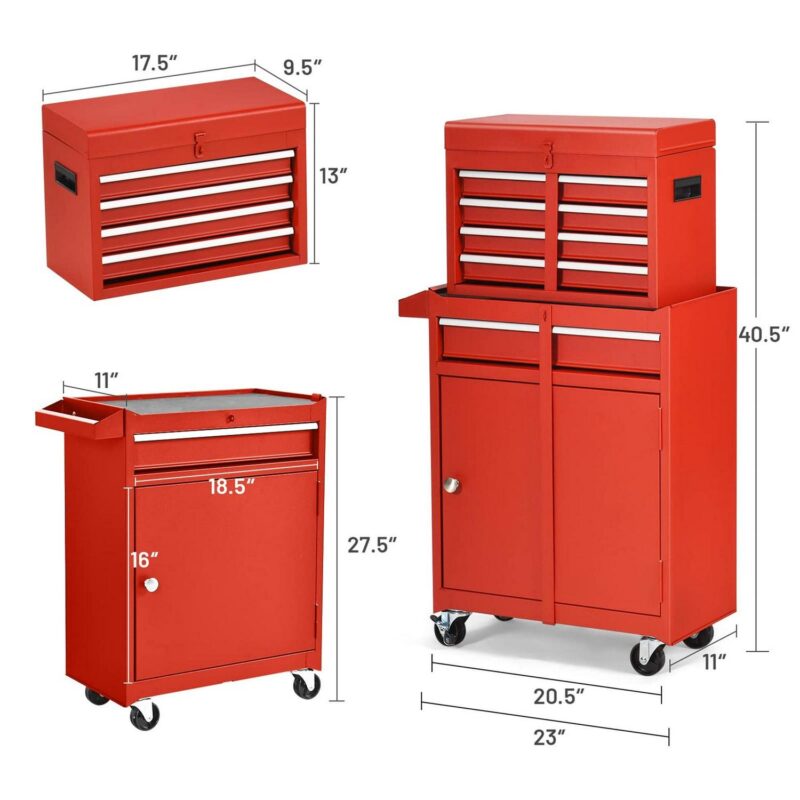 Aukfa Tool Box, 2 in 1 Steel Rolling Tool Chest and Cabinet On Wheels for Garage, 5-drawer, Red - Image 7