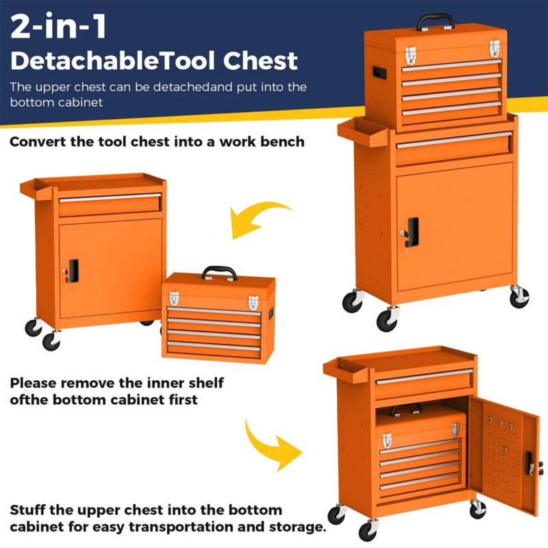 Aukfa Tool Box, 2-in-1 Rolling Tool Chest and Cabinet on Wheels for Garage Workshop, 5-Drawer, Orange - Image 4