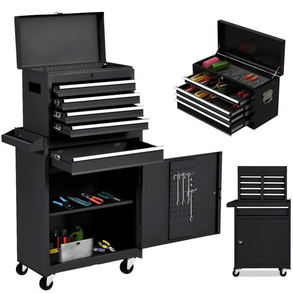 Aukfa Tool Box, 2 in 1 Steel Rolling Tool Chest and Cabinet On Wheels for Garage, 5-drawer, Black