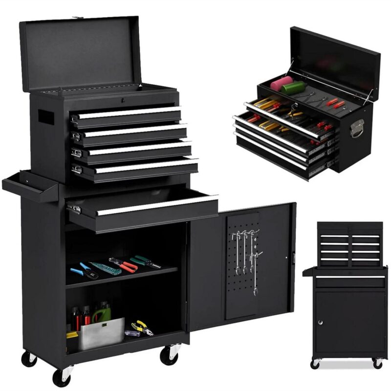 Aukfa Tool Box, 2 in 1 Steel Rolling Tool Chest and Cabinet On Wheels for Garage, 5-drawer, Black