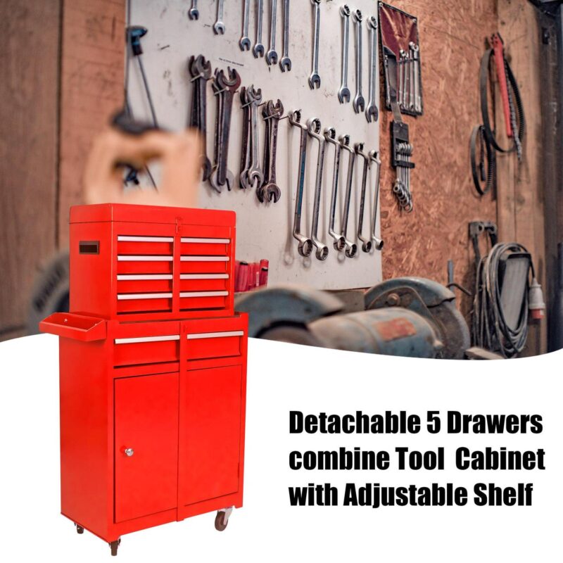 Aukfa Tool Box, 2 in 1 Steel Rolling Tool Chest and Cabinet On Wheels for Garage, 5-drawer, Red - Image 6