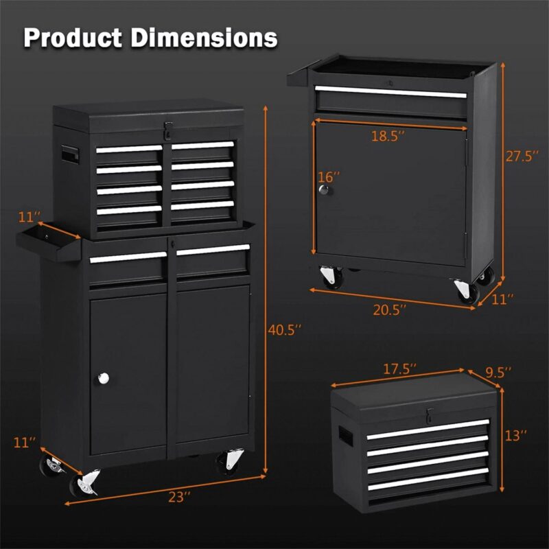 Aukfa Tool Box, 2 in 1 Steel Rolling Tool Chest and Cabinet On Wheels for Garage, 5-drawer, Black - Image 4