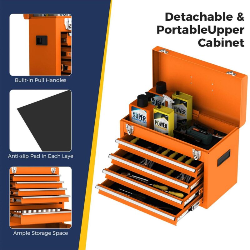 Aukfa Tool Box, 2-in-1 Rolling Tool Chest and Cabinet on Wheels for Garage Workshop, 5-Drawer, Orange - Image 7