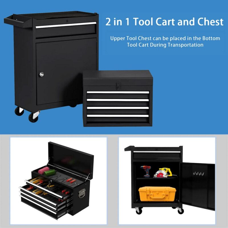 Aukfa Tool Box, 2 in 1 Steel Rolling Tool Chest and Cabinet On Wheels for Garage, 5-drawer, Black - Image 10