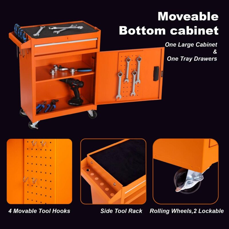 Aukfa Tool Box, 2-in-1 Rolling Tool Chest and Cabinet on Wheels for Garage Workshop, 5-Drawer, Orange - Image 9
