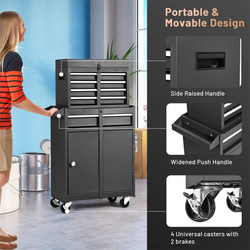 Aukfa Tool Box, 2 in 1 Steel Rolling Tool Chest and Cabinet On Wheels for Garage, 5-drawer, Black - Image 3