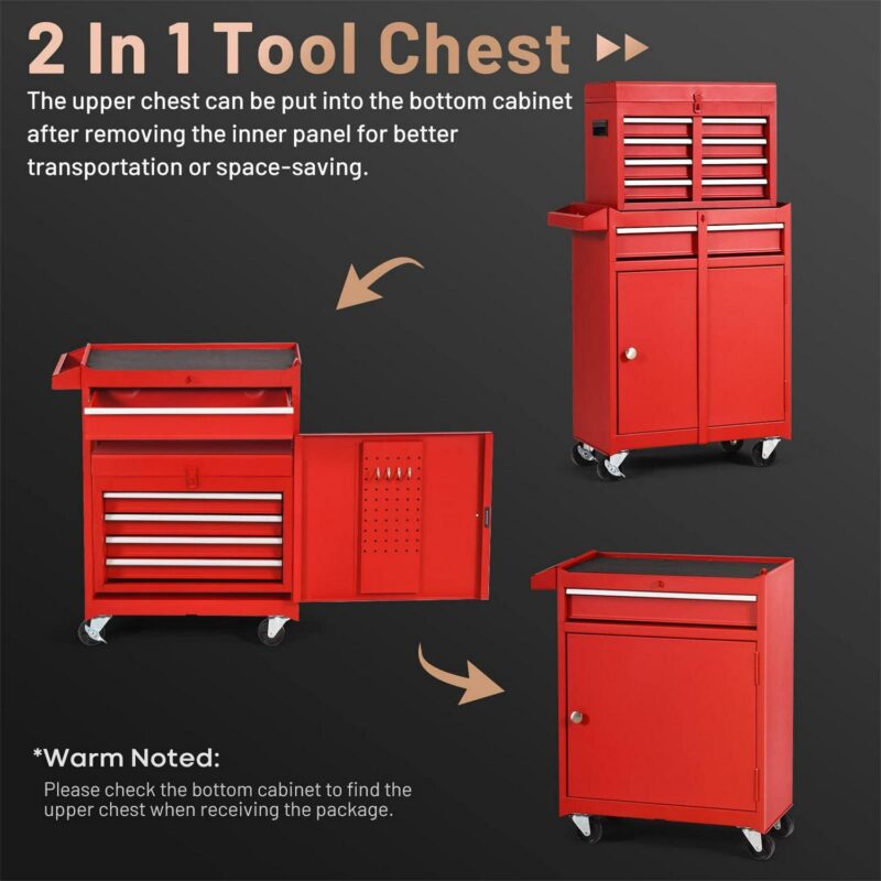 Aukfa Tool Box, 2 in 1 Steel Rolling Tool Chest and Cabinet On Wheels for Garage, 5-drawer, Red - Image 4
