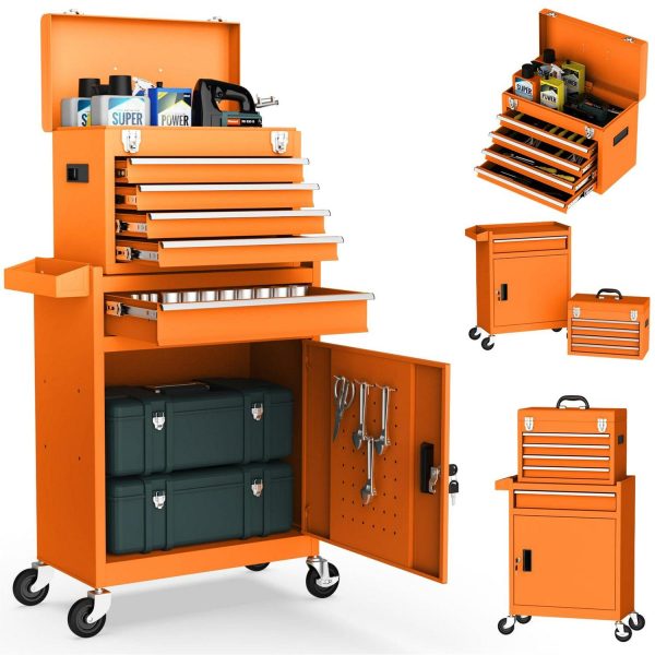Aukfa Tool Box, 2-in-1 Rolling Tool Chest and Cabinet on Wheels for Garage Workshop, 5-Drawer, Orange