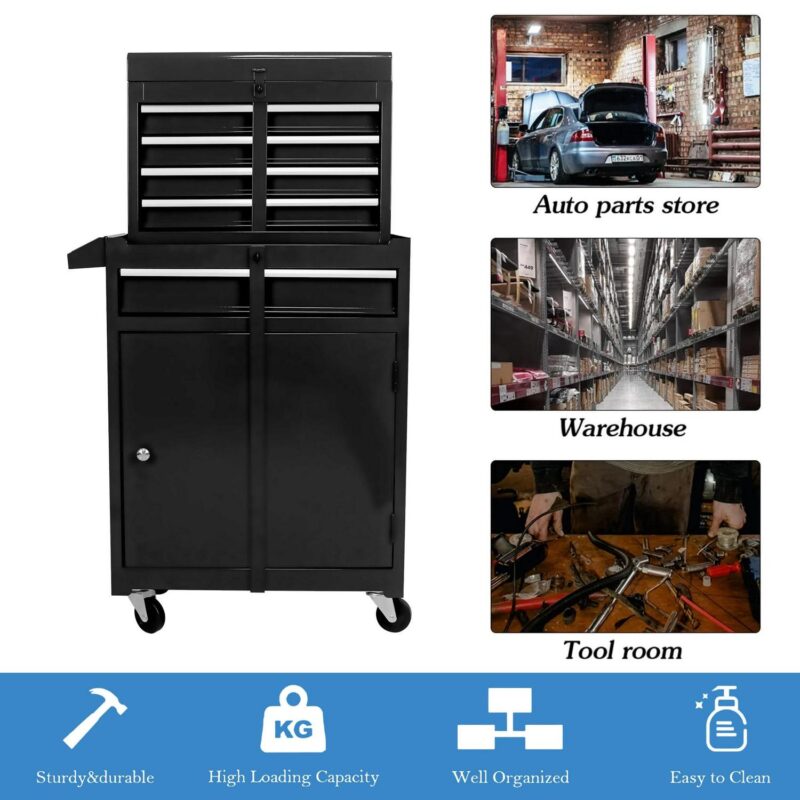 Aukfa Tool Box, 2 in 1 Steel Rolling Tool Chest and Cabinet On Wheels for Garage, 5-drawer, Black - Image 7