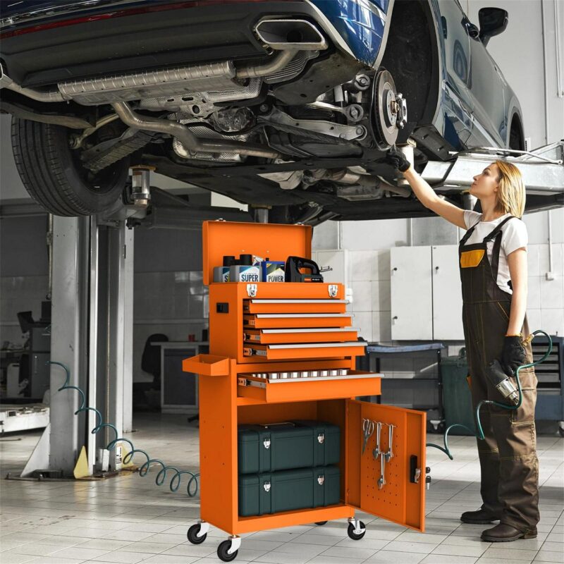 Aukfa Tool Box, 2-in-1 Rolling Tool Chest and Cabinet on Wheels for Garage Workshop, 5-Drawer, Orange - Image 2