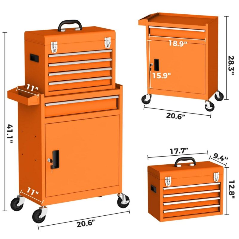 Aukfa Tool Box, 2-in-1 Rolling Tool Chest and Cabinet on Wheels for Garage Workshop, 5-Drawer, Orange - Image 3