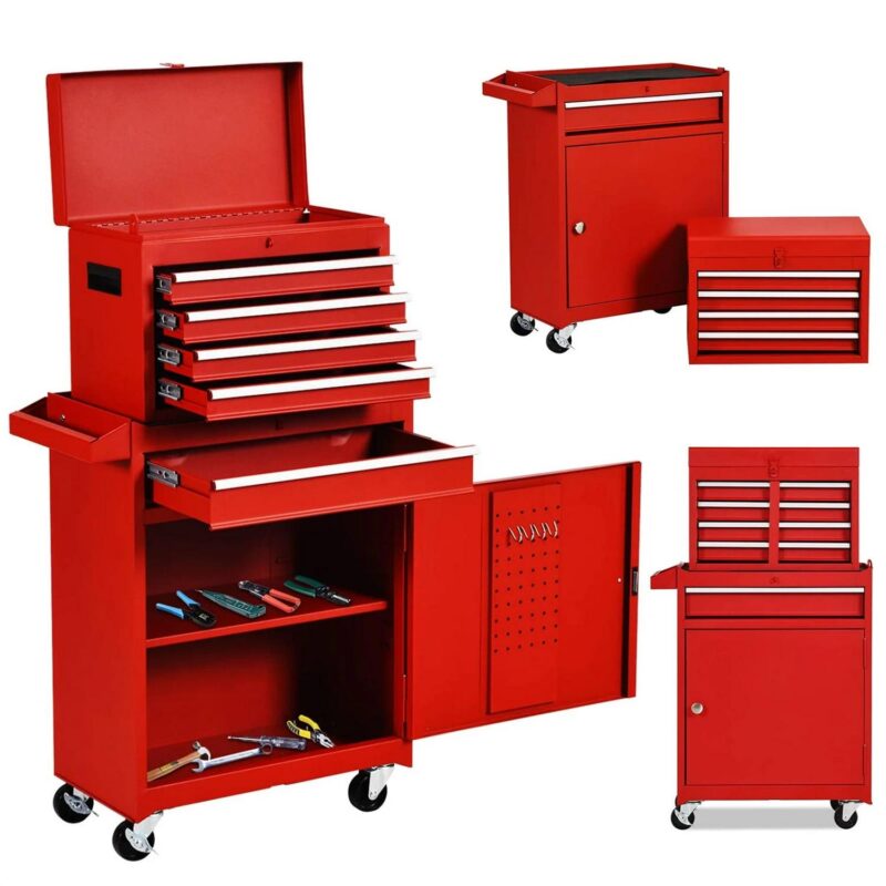 Aukfa Tool Box, 2 in 1 Steel Rolling Tool Chest and Cabinet On Wheels for Garage, 5-drawer, Red